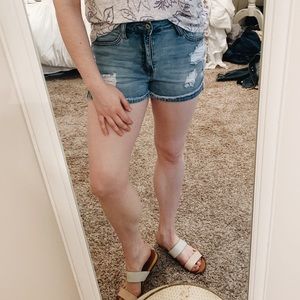 Light wash ripped blue jean shorts